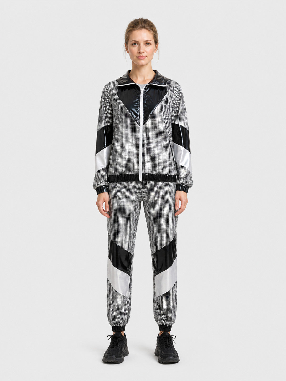 Retro Hooded Tracksuit, Black and Silver on-model view