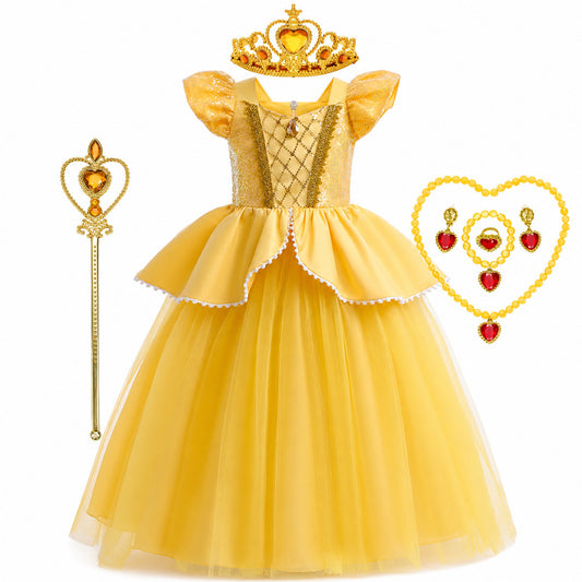 Girls Belle Princess Dress Beauty and the Beast Sequin Tulle Gown Kids Birthday Halloween Cosplay Party Dress - Color:C
