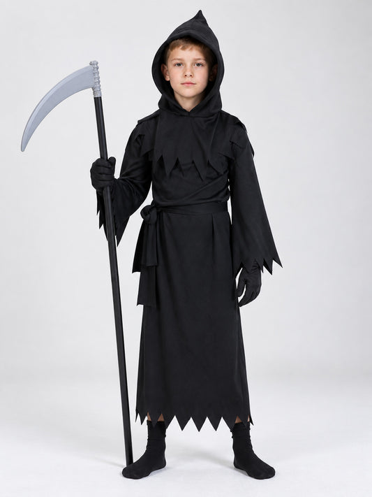Black Grim Reaper Costume with Hood and Jagged Edge