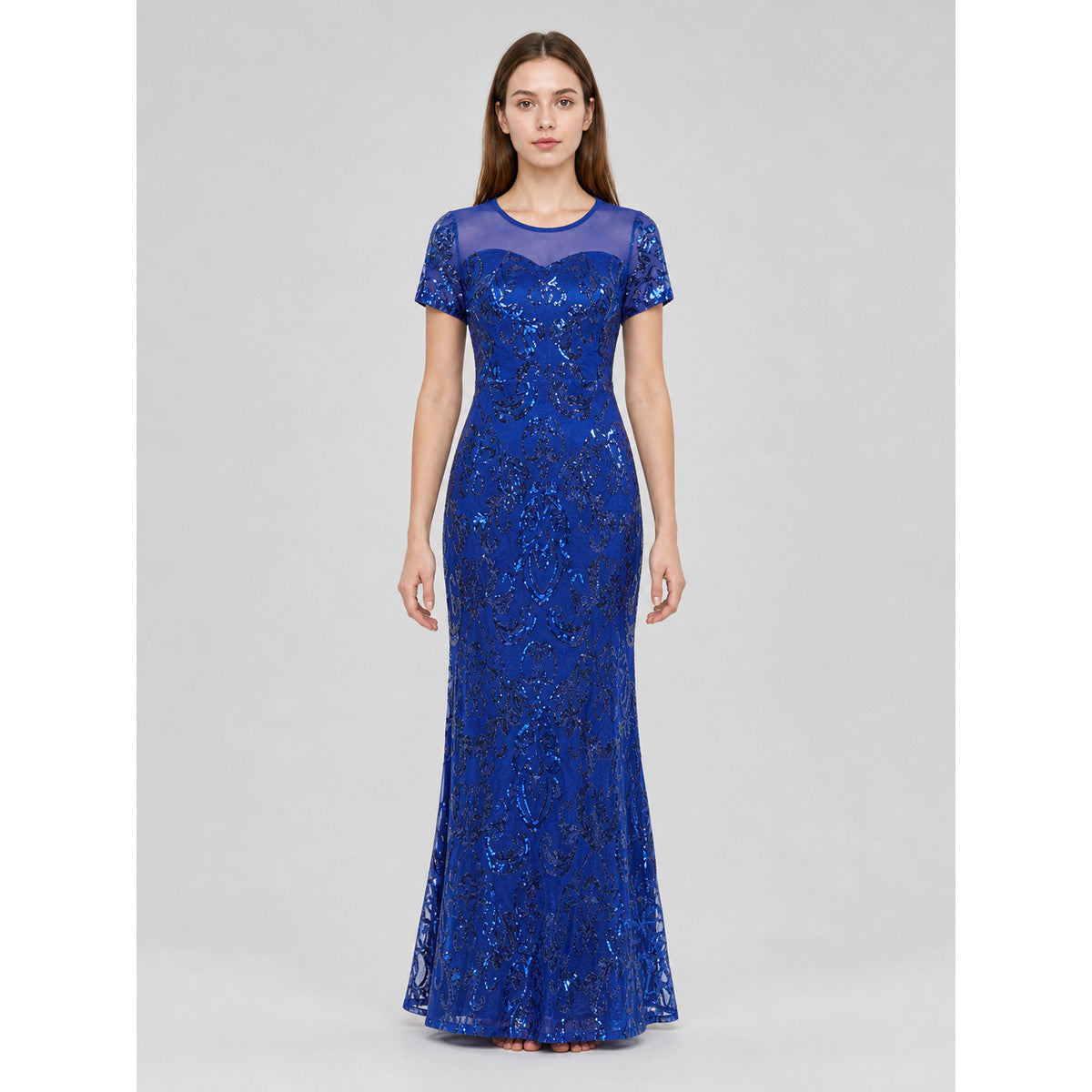 Long Evening Dress with Sequins and Pattern front view