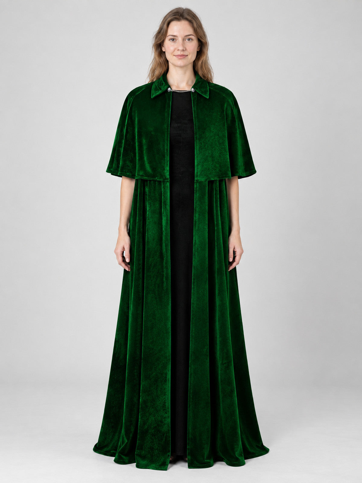 Long Dark Green Velvet Cloak with Collar