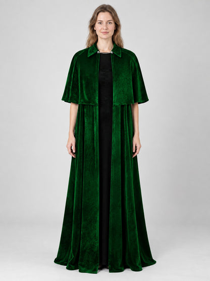 Long Dark Green Velvet Cloak with Collar