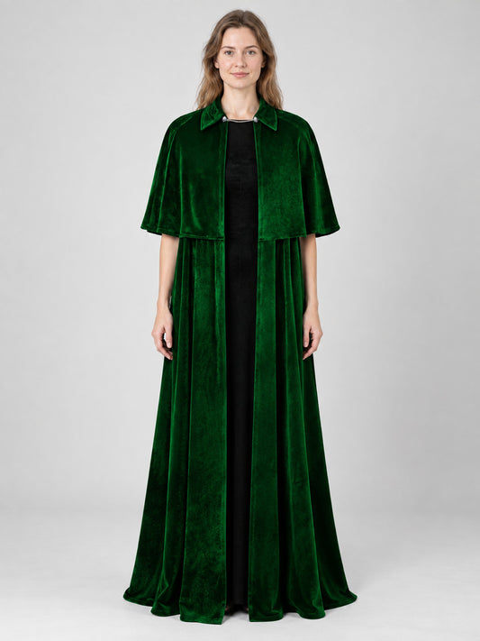 Long Dark Green Velvet Cloak with Collar