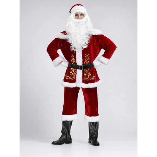 Santa Claus Costume with Beard and Hat, Gold Accents