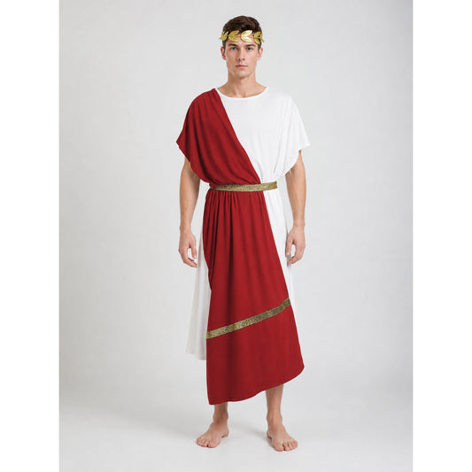 Men's Ancient Greek Costume, Red And White Draped Tunic With Gold Belt And Laurel Headpiece For Cosplay, Stage Events