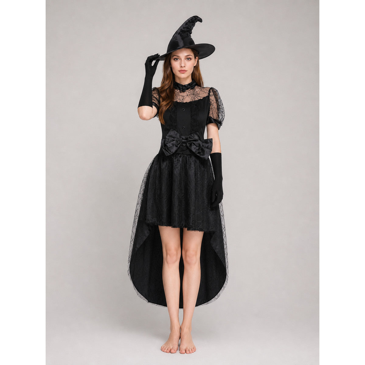 Black Witch Dress with Bow and Lace Insert