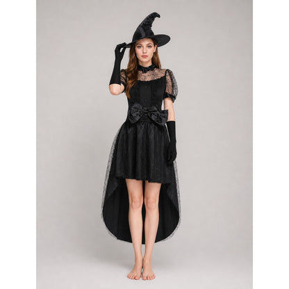 Black Witch Dress with Bow and Lace Insert