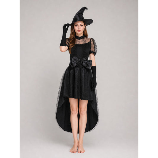 Black Witch Dress with Bow and Lace Insert