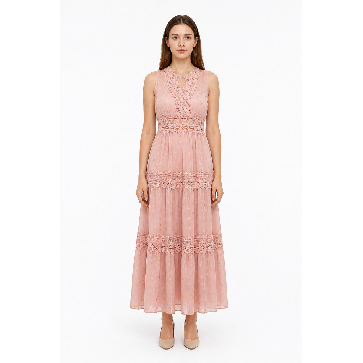 Long Pink Dress with a V-Neckline and Lace main product view