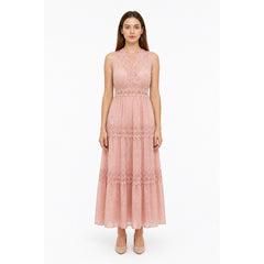 Long Pink Dress with a V-Neckline and Lace