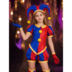 Amazing Digital Circus Pomni Kids & Adult Jester Jumpsuit Costume, Red Blue Bodysuit with Hat, Gloves & Foot Covers