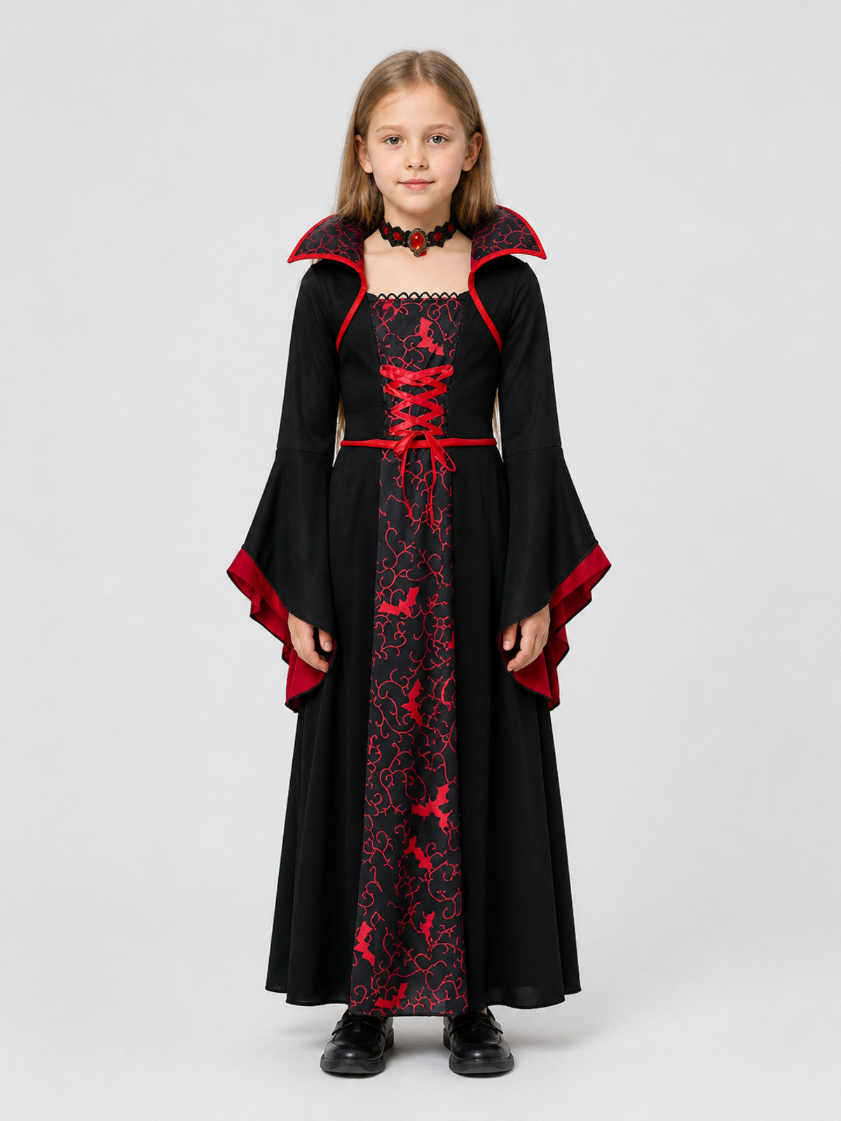Black and Red Kids' Vampire and Witch Costume for Halloween on-model view