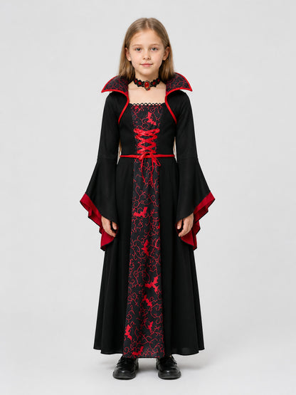 Black and Red Kids' Vampire and Witch Costume for Halloween on-model view