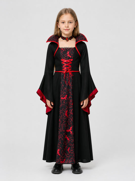 Black and Red Kids' Vampire and Witch Costume for Halloween on-model view