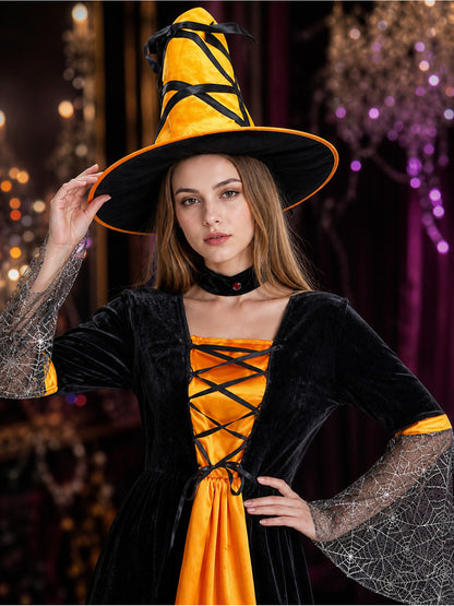 Women's Sexy Witch Costume Set with Hat and Sleeves, Black Orange Long Dress on-model view