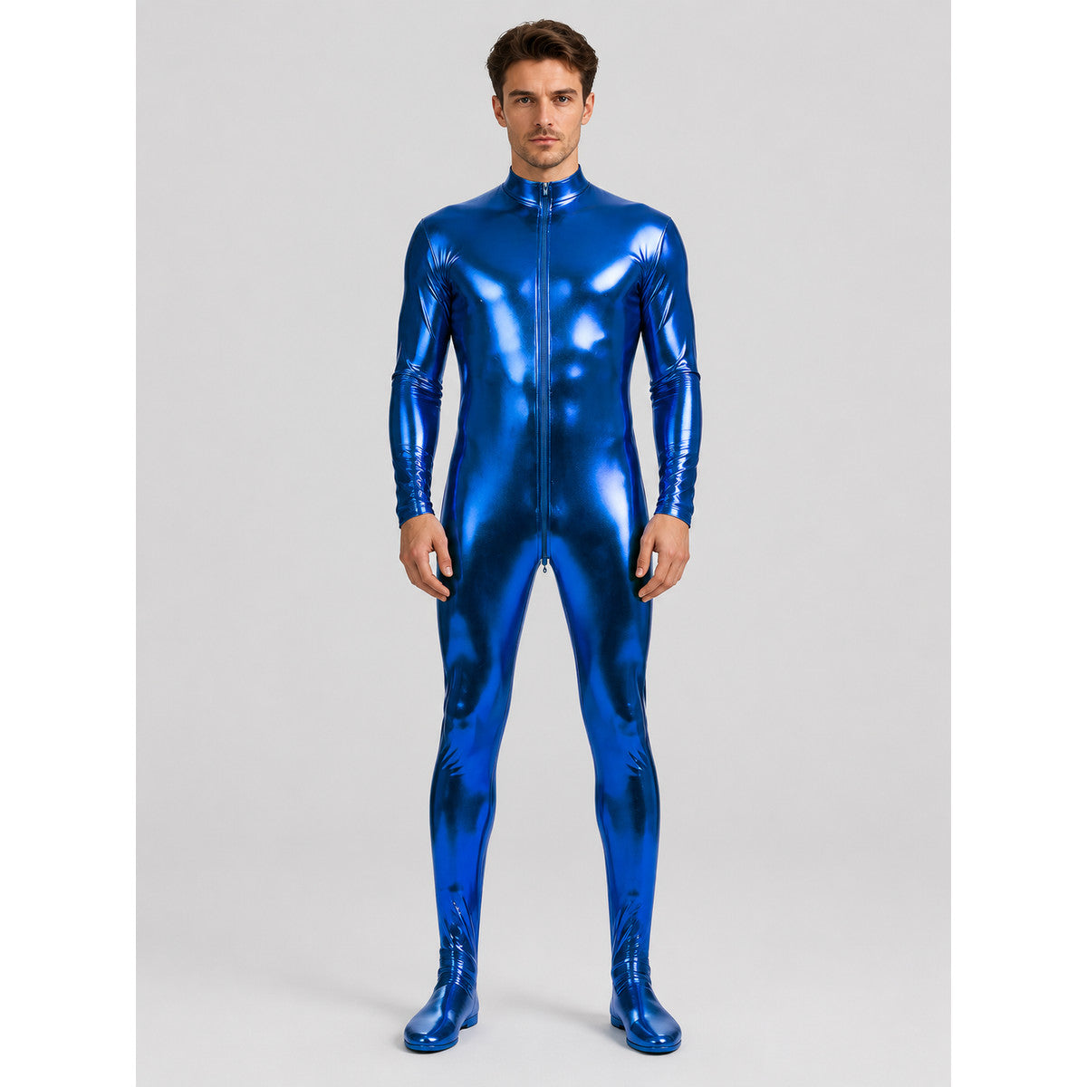 Blue glossy footed jumpsuit with a zipper on-model view