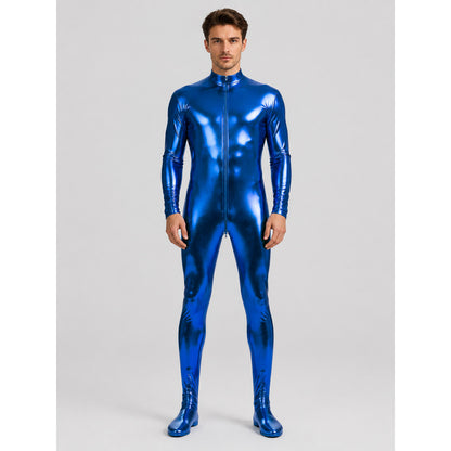 Blue glossy footed jumpsuit with a zipper on-model view
