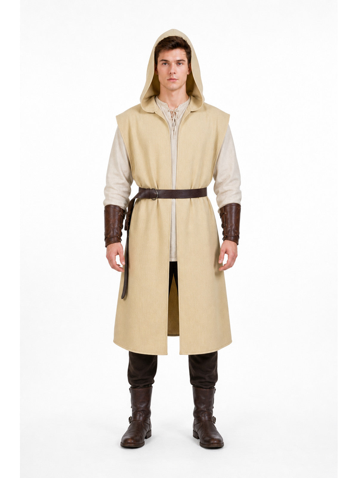 Khaki hooded sleeveless cloak on a full-body model, with a front zipper, brown belt, and long open front