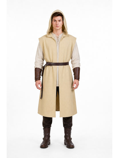 Khaki hooded sleeveless cloak on a full-body model, with a front zipper, brown belt, and long open front