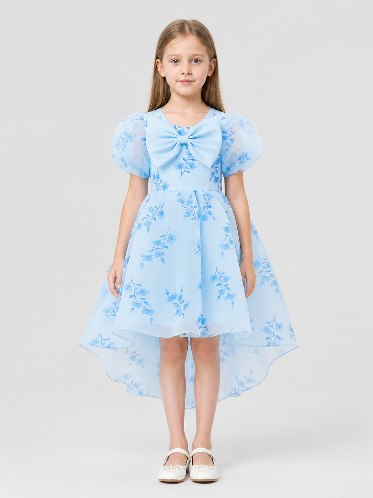 Fancy Dress with Light Blue Floral Print and Bow on-model view