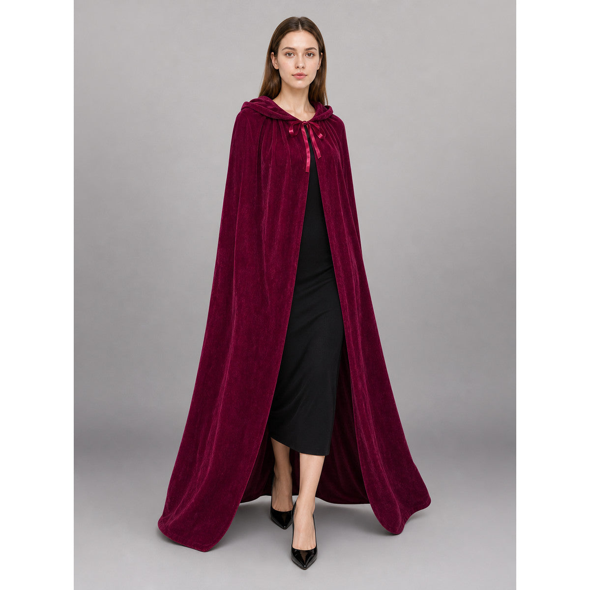 Burgundy Hooded Carnival Cloak for Cosplay front view