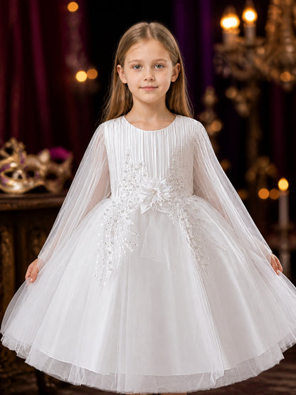 Girls' White Princess Dress, Long Sleeve Tulle Flower Girl Party Outfit on-model view
