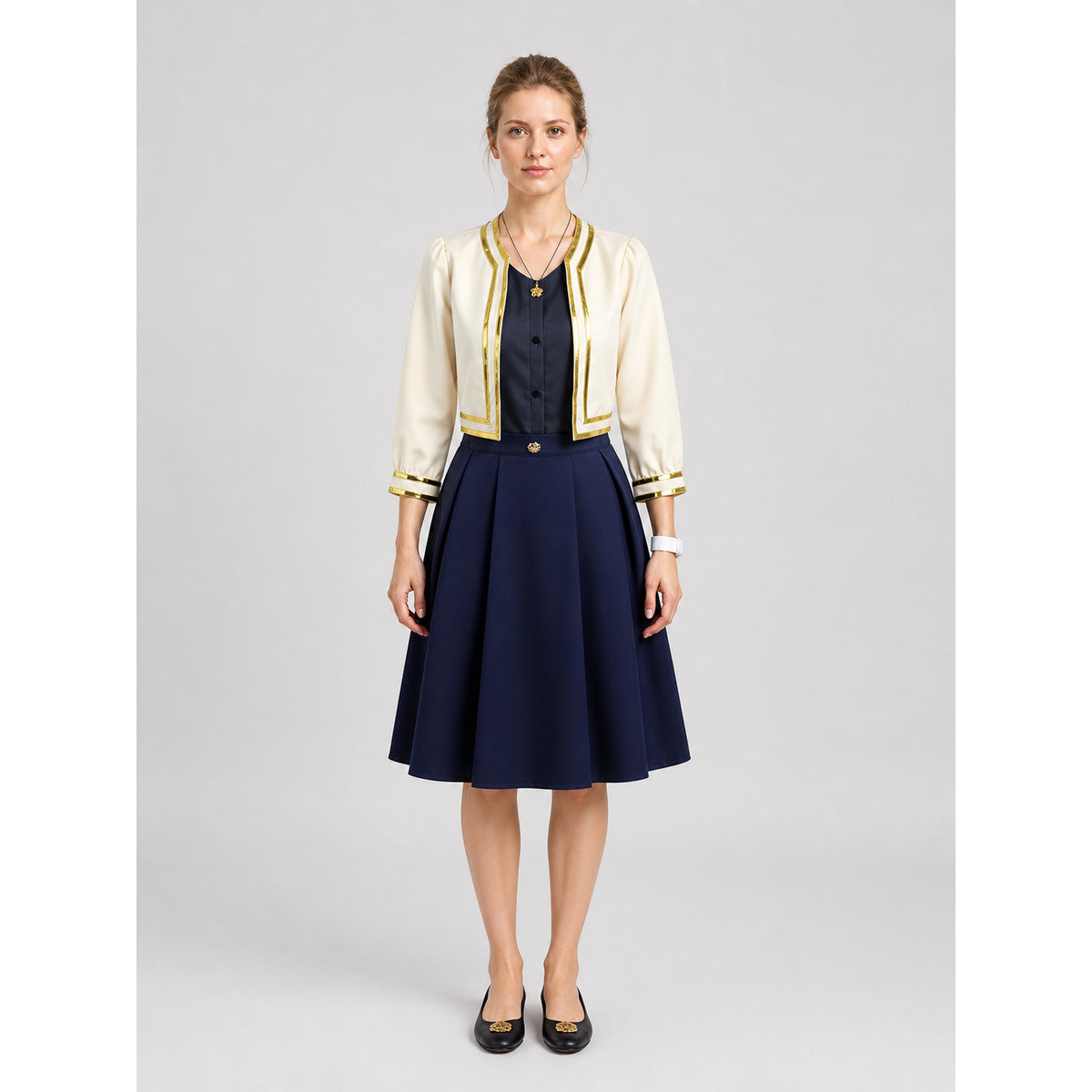 Character cosplay costume with jacket and skirt on-model view