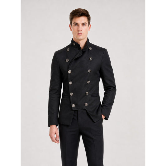 Black jacket with an asymmetrical double-breasted placket