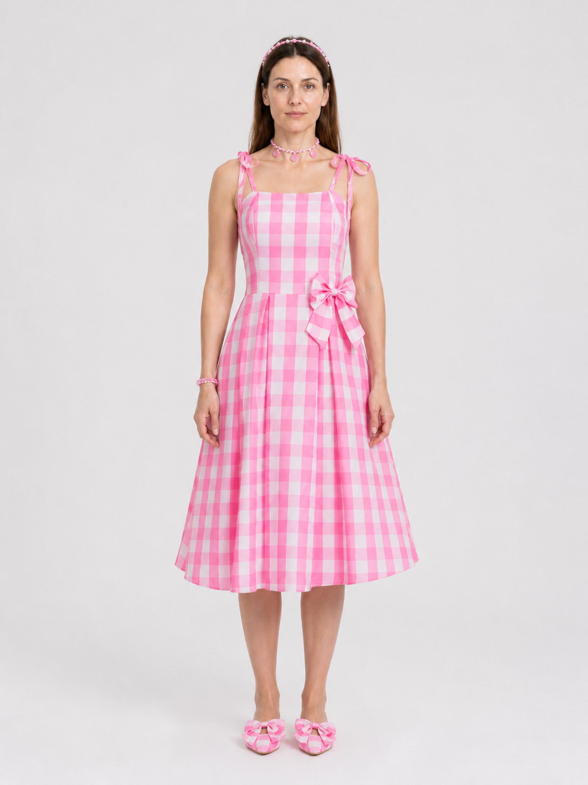 Cosplay Dress in a Large Pink-and-White Checkered Pattern with Bow on-model view