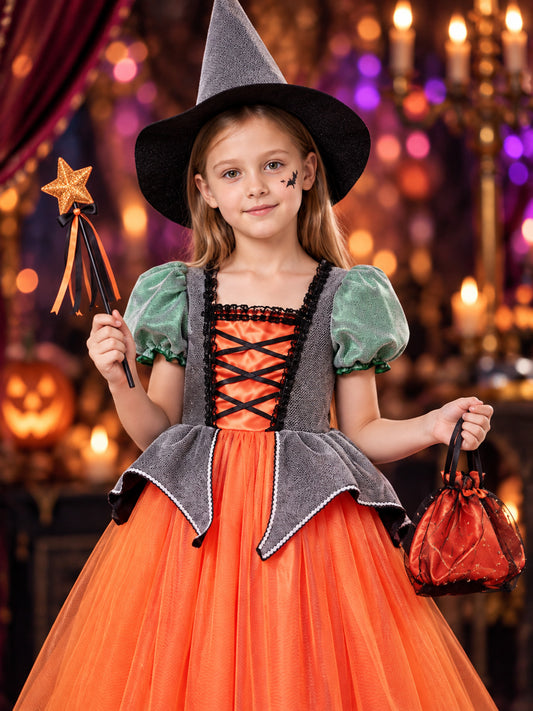 Witch costume with dress, hat, wand, and mesh bag