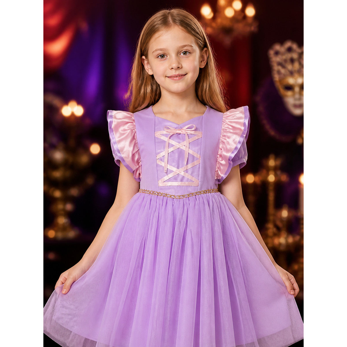 Girls Sofia Princess Purple Tutu Dress with Puff Sleeves and Cross Lace-Up on-model view