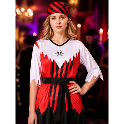 Unisex Adult Pirate Costume Set with Skull Print Top, Jagged Hem Skirt, Red