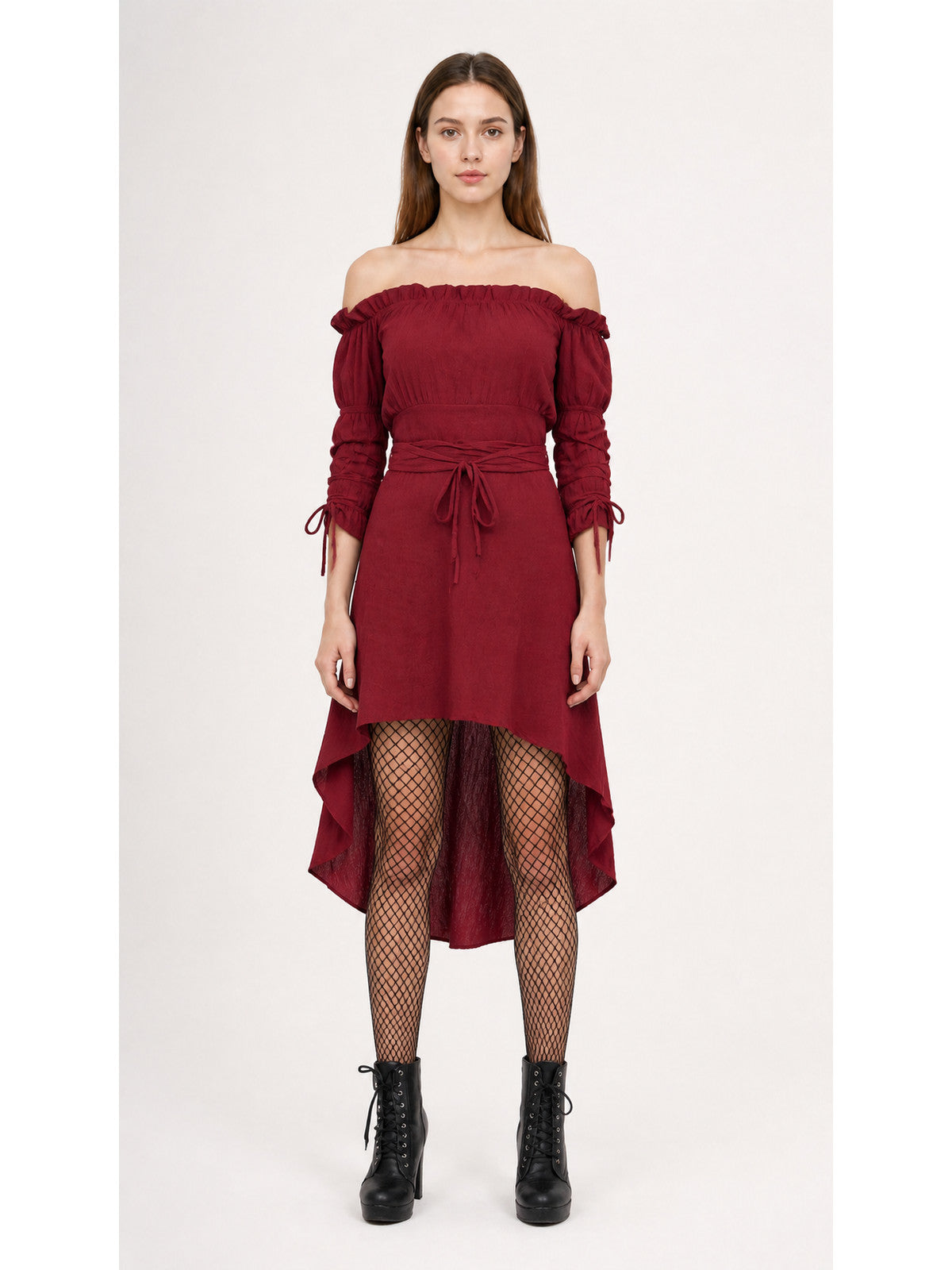 Burgundy Off-the-Shoulder Dress with an Asymmetrical Hem main product view