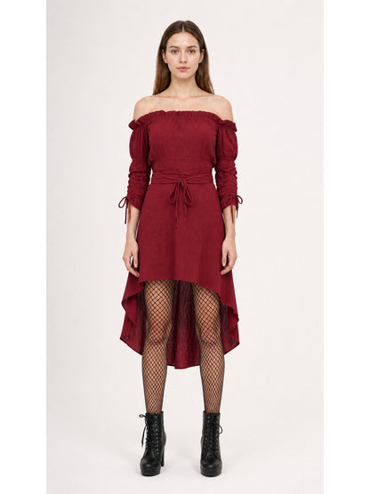 Burgundy Off-the-Shoulder Dress with an Asymmetrical Hem main product view