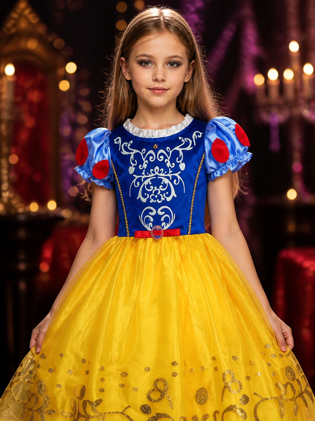 Girls Princess Costume Dress, Blue and Yellow, Halloween Party on-model view