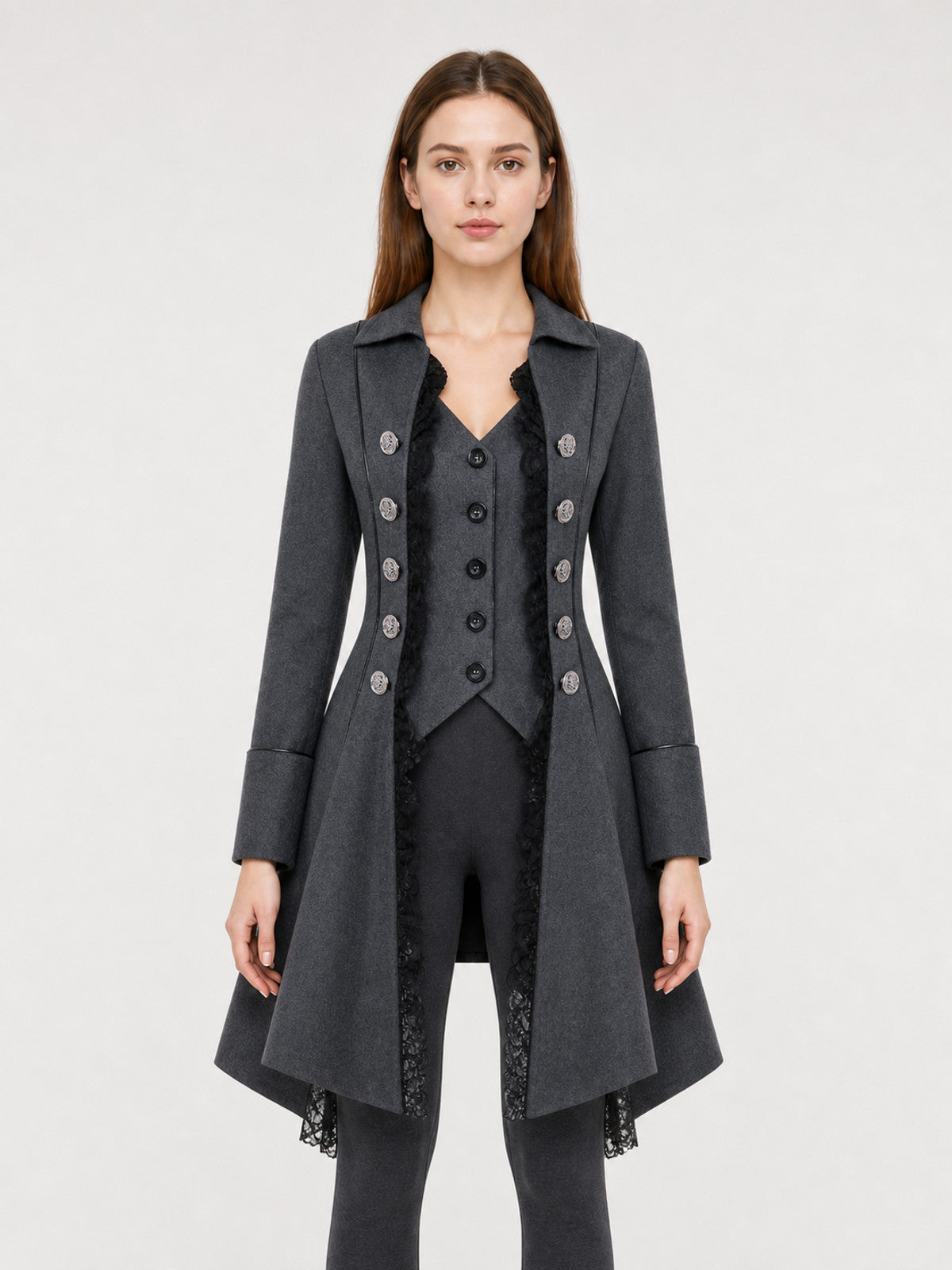 Long Gothic-Style Coat with Lace Trim front view