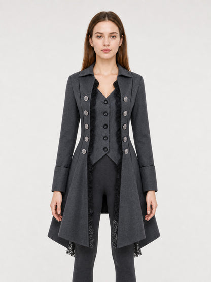 Long Gothic-Style Coat with Lace Trim front view