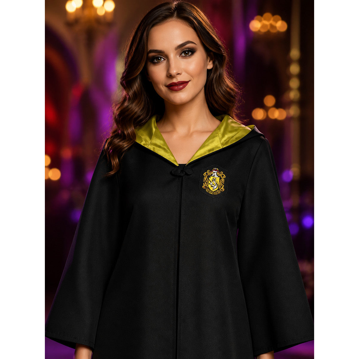 Wizard School Uniform Costume Set, Long Hooded Black Robe with Black-Yellow on-model view