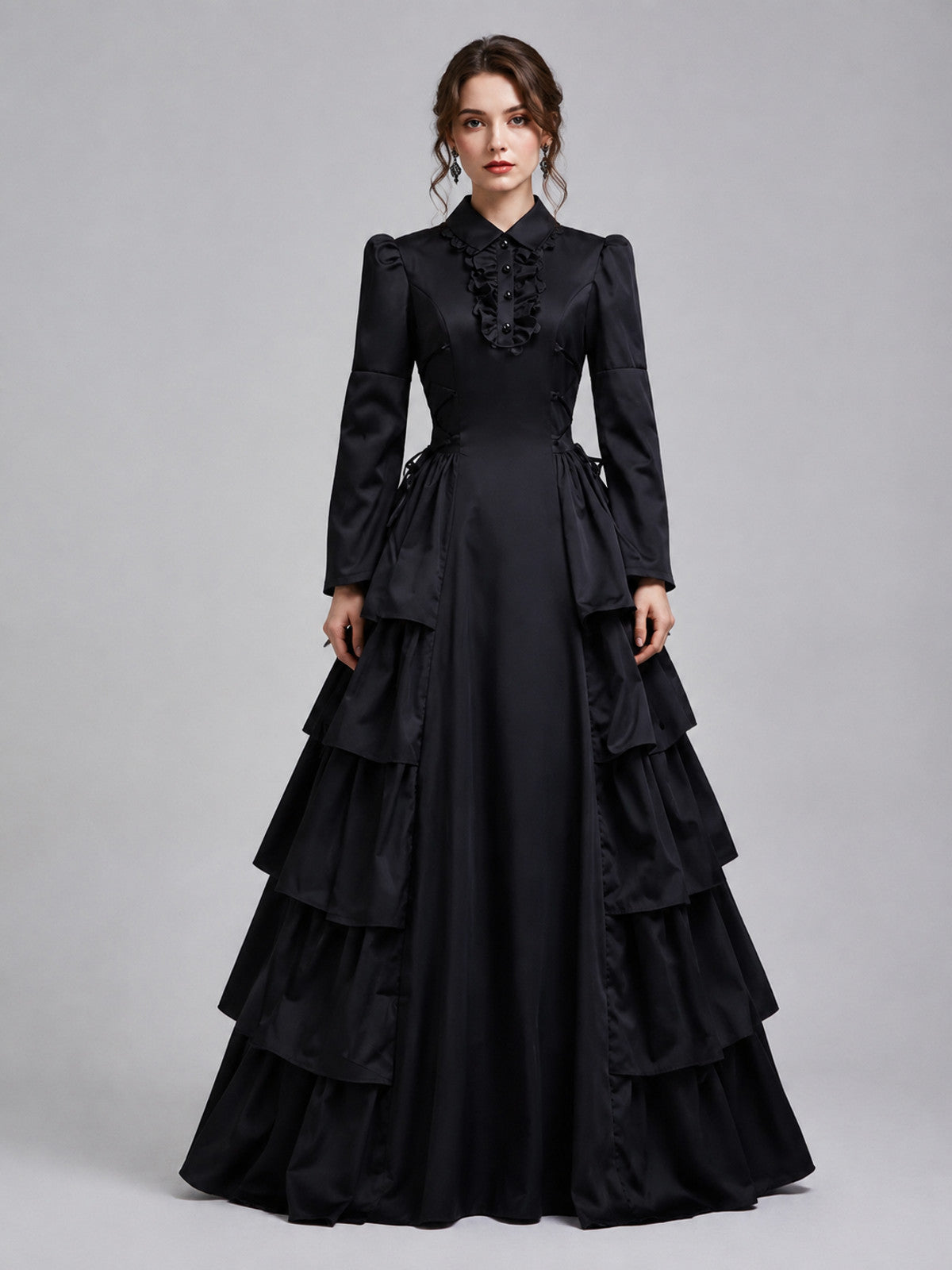 Long Black Victorian-Style Ruffled Dress on-model view