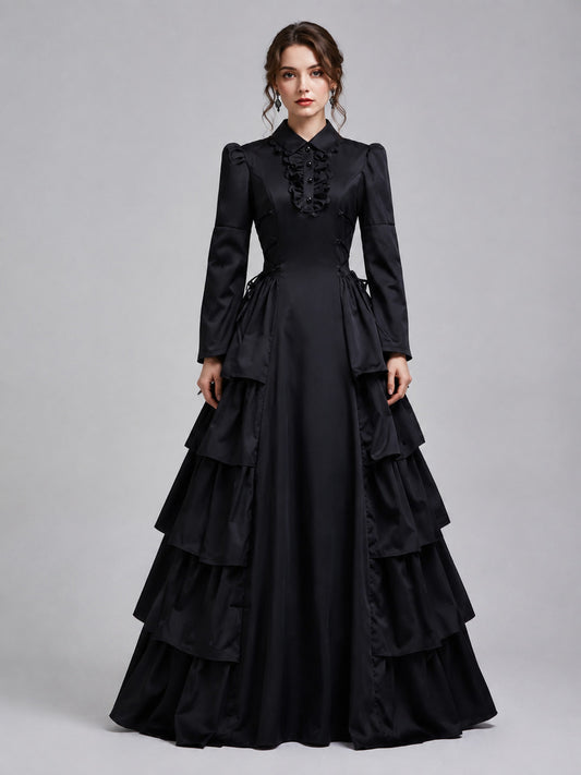 Long Black Victorian-Style Ruffled Dress on-model view