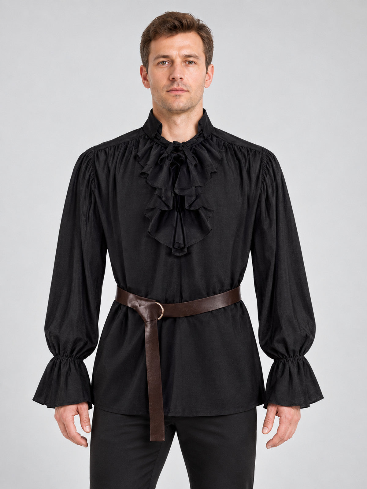 Black shirt with high collar and ruffles, with belt