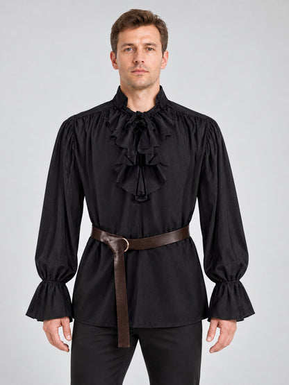 Black shirt with high collar and ruffles, with belt