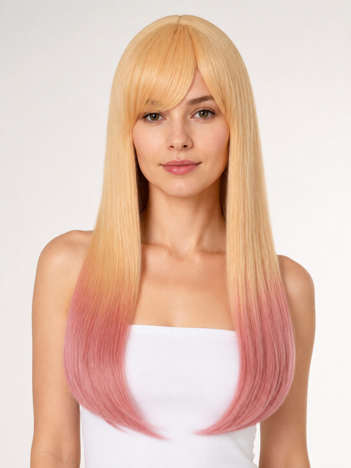 Long Carnival Wig with Bangs, Blonde-to-Pink Gradient
