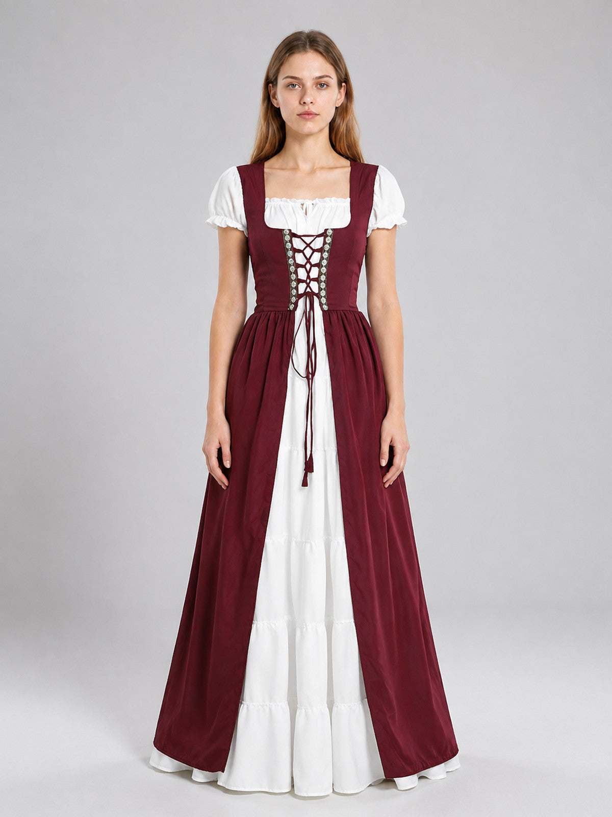 Medieval costume dress with a corset bodice on-model view