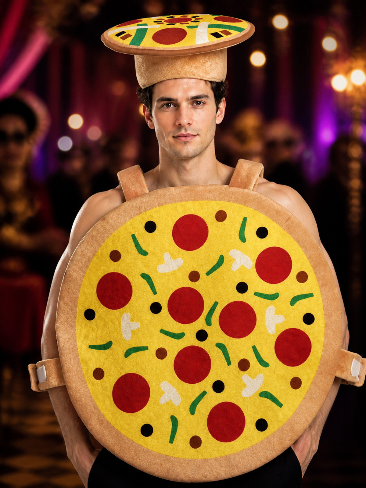 Funny Pizza Costume Jumpsuit With Matching Pizza Hat, Halloween Cosplay Party on-model view