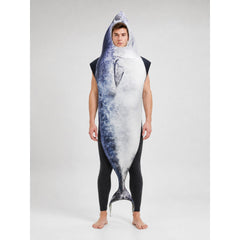 Adult Realistic Fish Costume, Silver & Blue Hooded One-Size Slip-Over Costume with Tail for Halloween