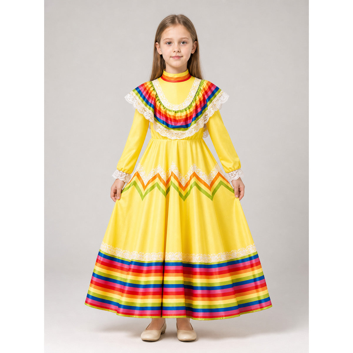 Long Carnival Dress with Lace and Ruffles