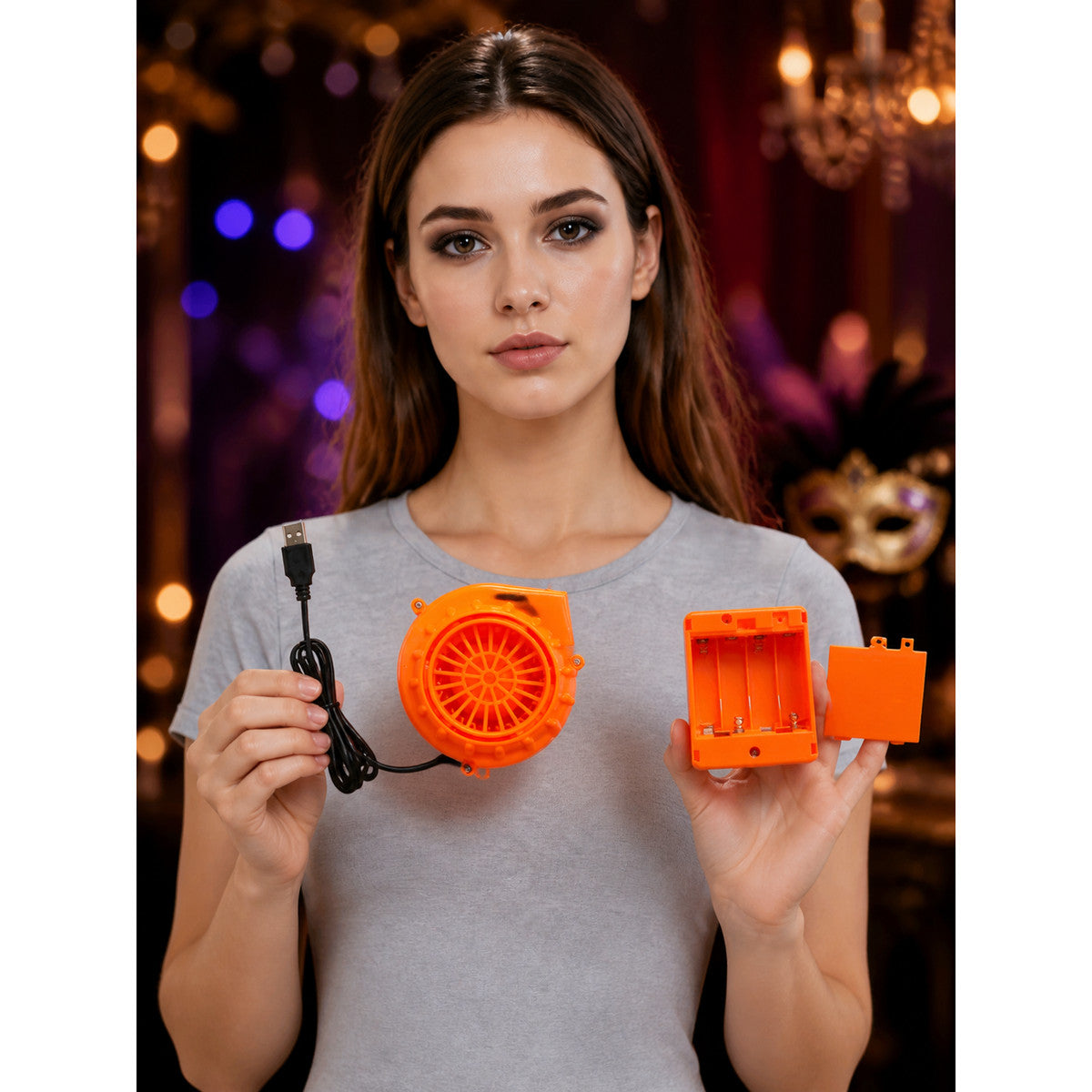 Orange Cartoon Mouse Halloween Costume Fan with USB and Battery Compartment on-model view