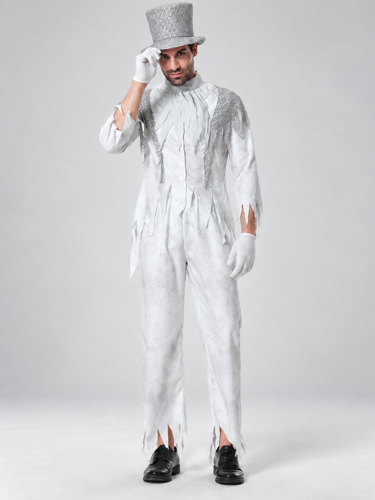 White vampire carnival costume with top hat and gloves