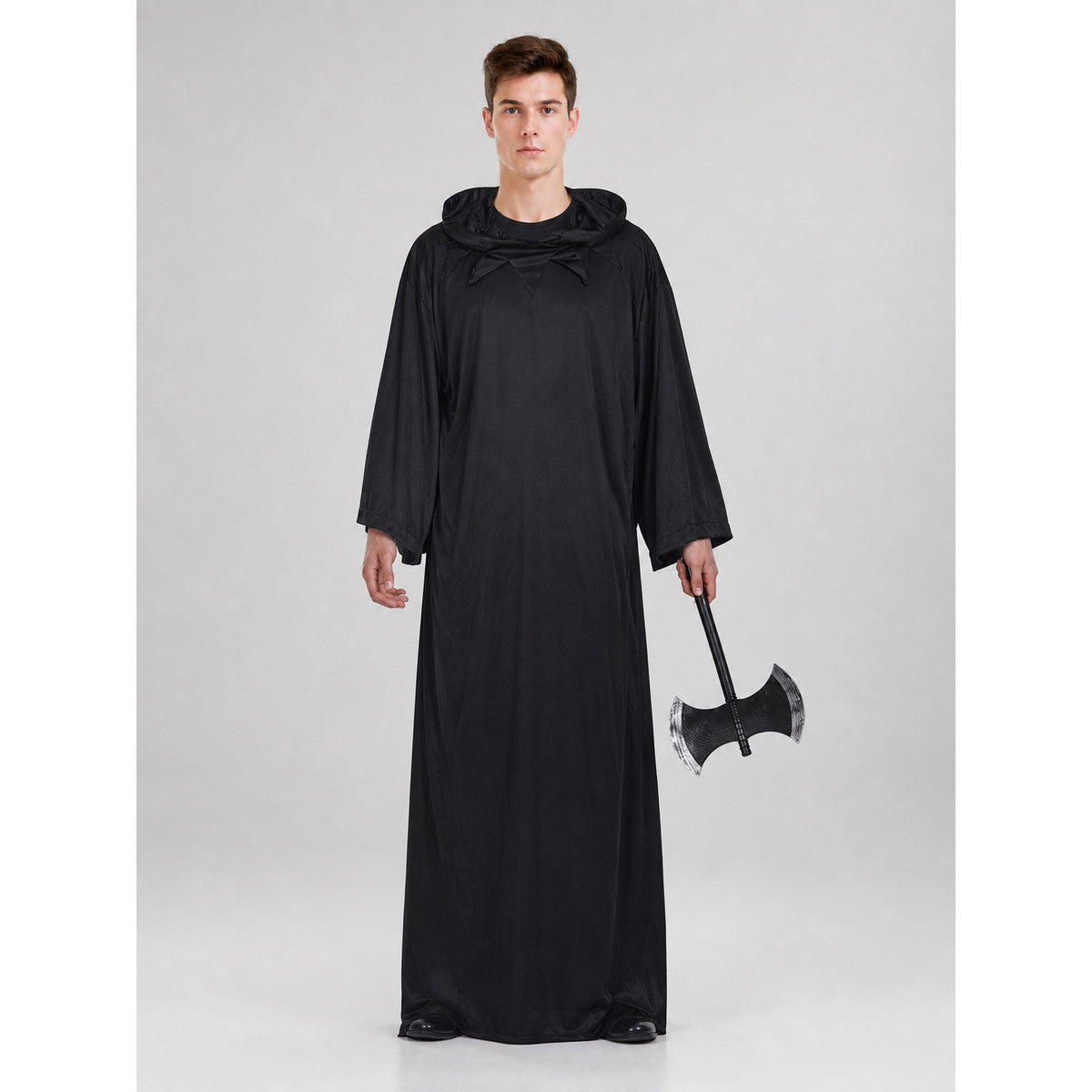 Dark fantasy costume with hood and axe on-model view